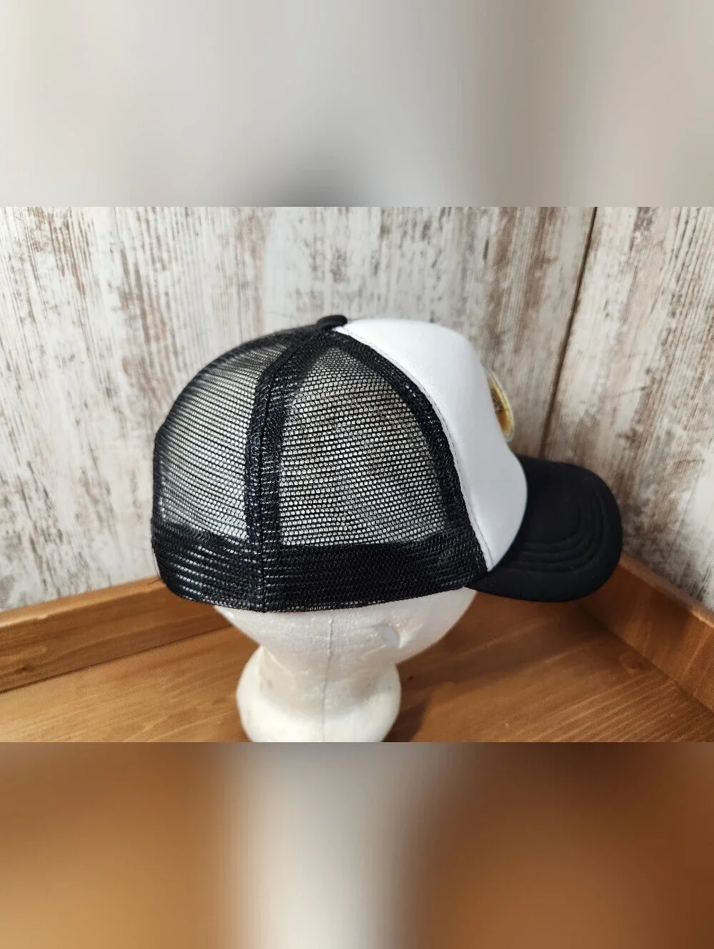 Fun Happy Black & White Trucker Hat with Yellow Sequin Pin Smiley Face Smile 😃